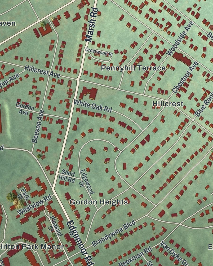 Close-up of Edgemoor streets on the map