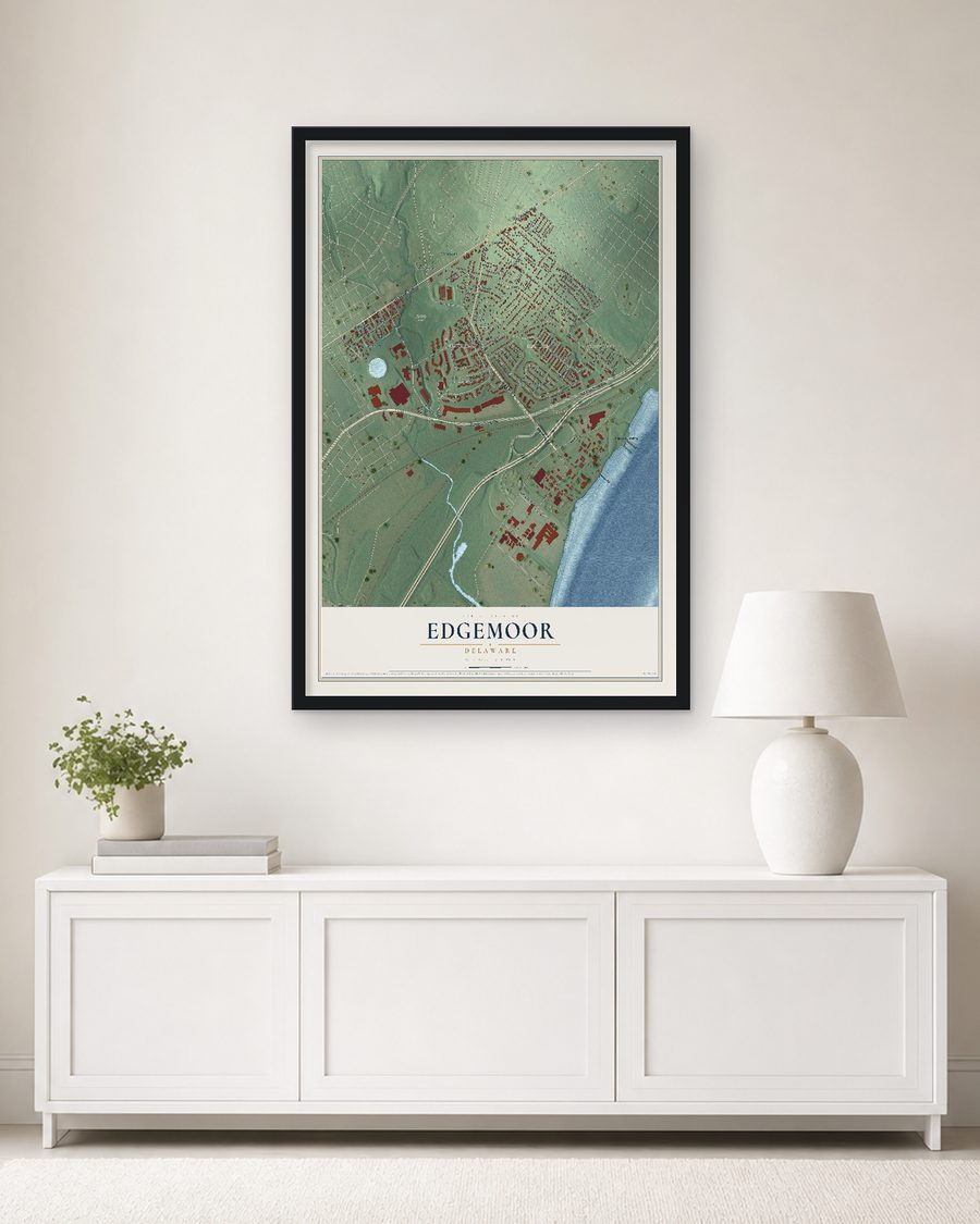 The Edgemoor, Delaware map, 24 x 36 in, in a black wood frame on a living room wall