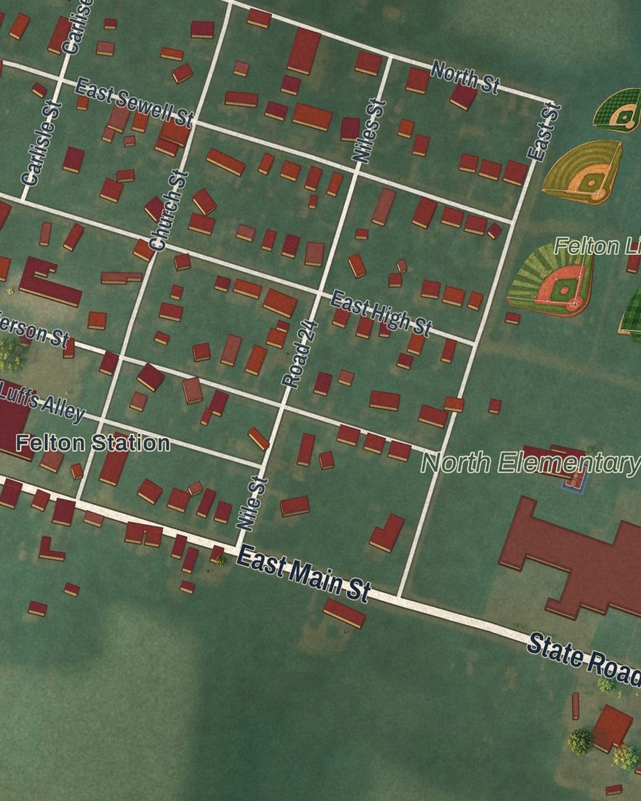 Close-up of Felton streets on the map