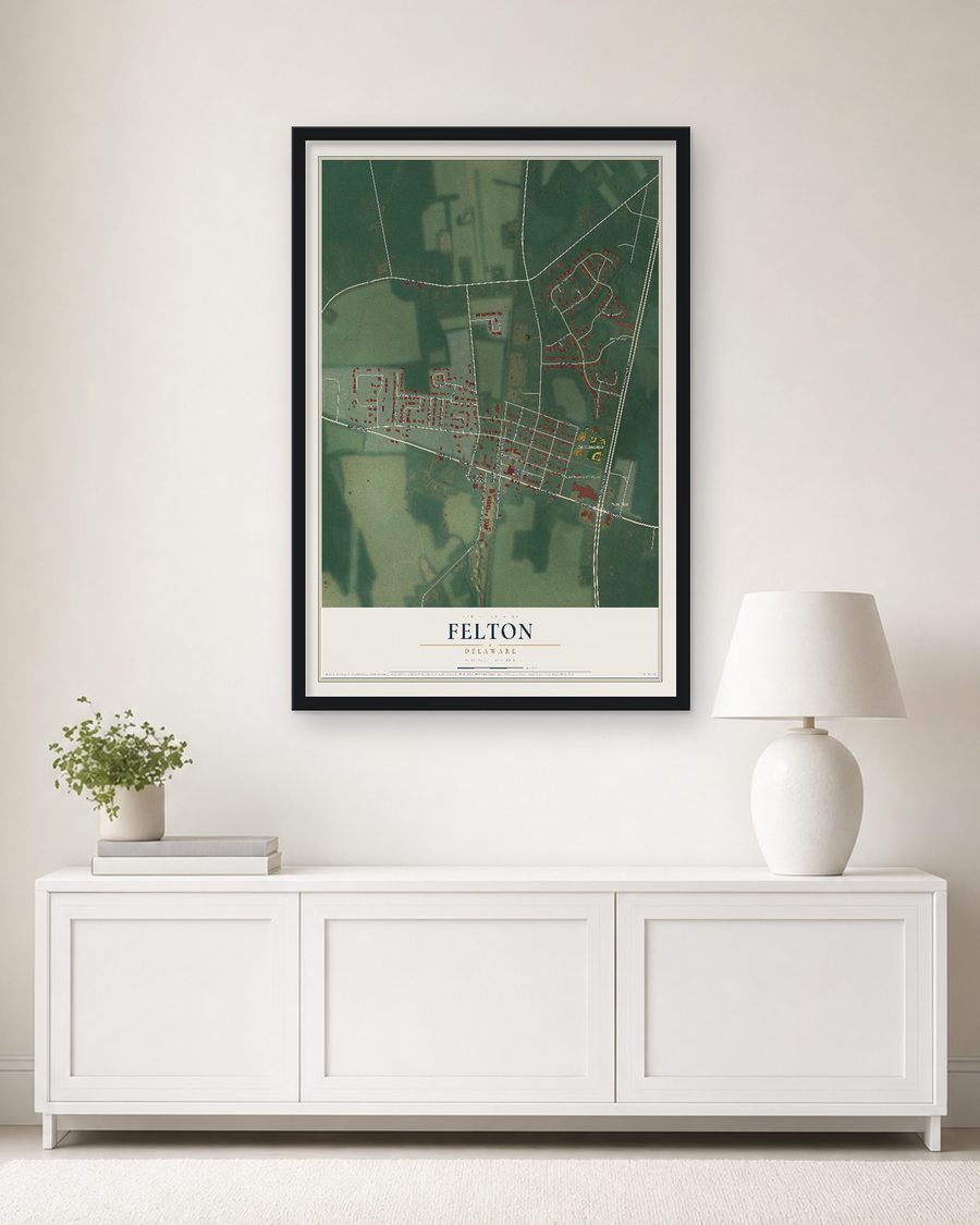 The Felton, Delaware map, 24 x 36 in, in a black wood frame on a living room wall