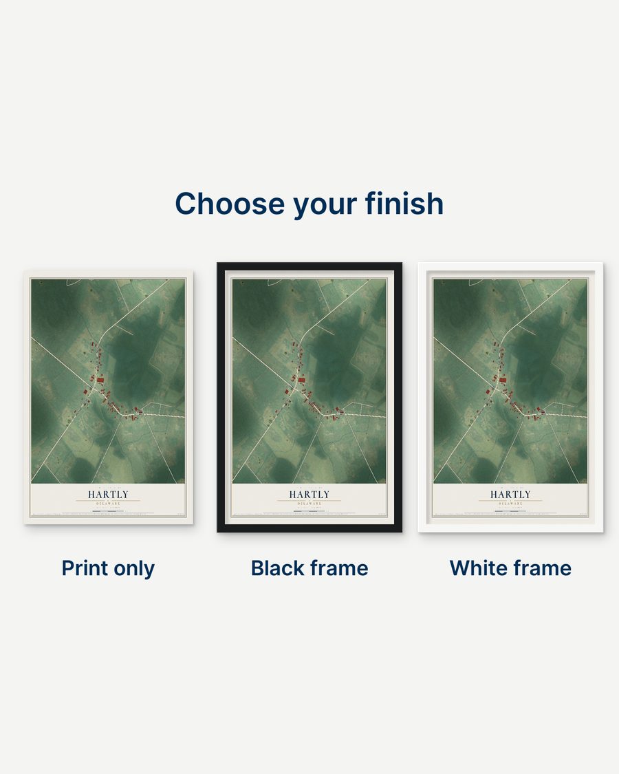 The Hartly, Delaware map as a print only, in a black frame and in a white frame
