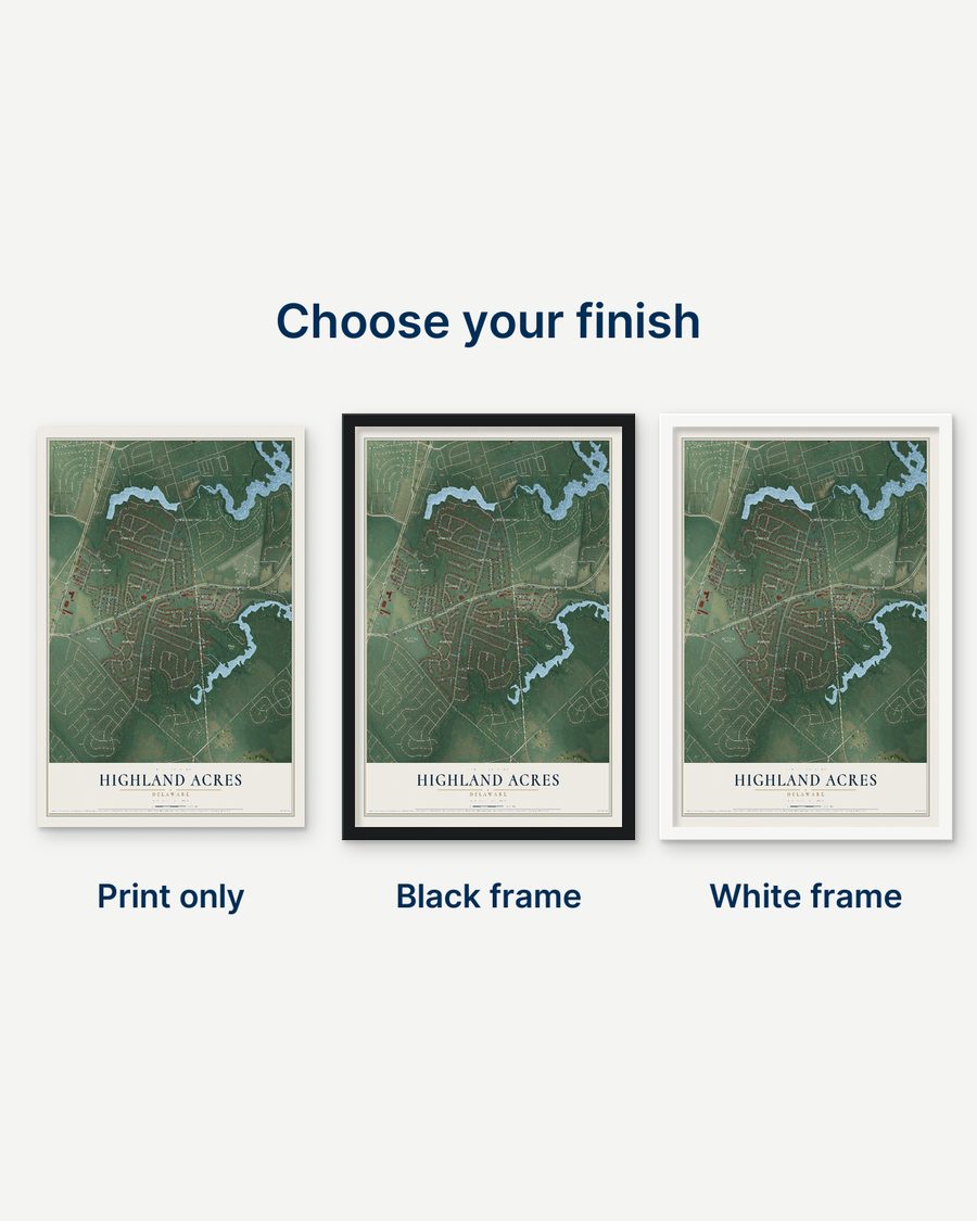 The Highland Acres, Delaware map as a print only, in a black frame and in a white frame