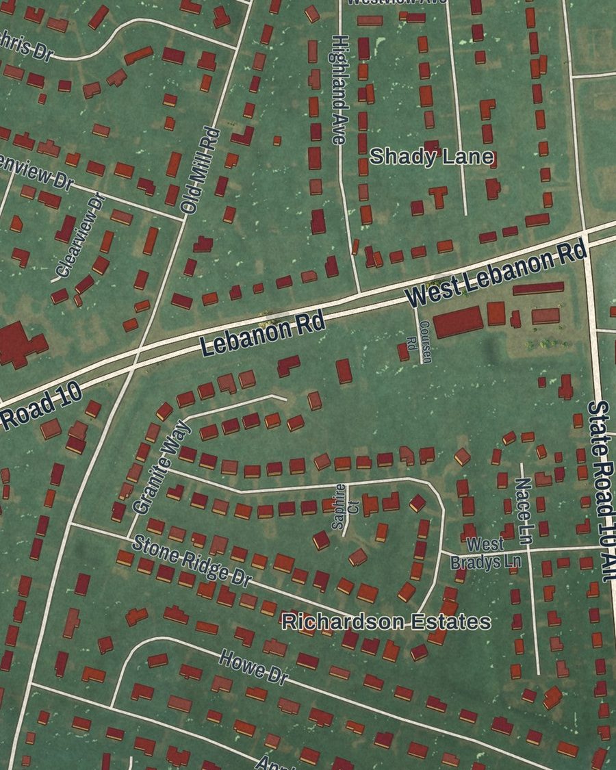 Close-up of Highland Acres streets on the map