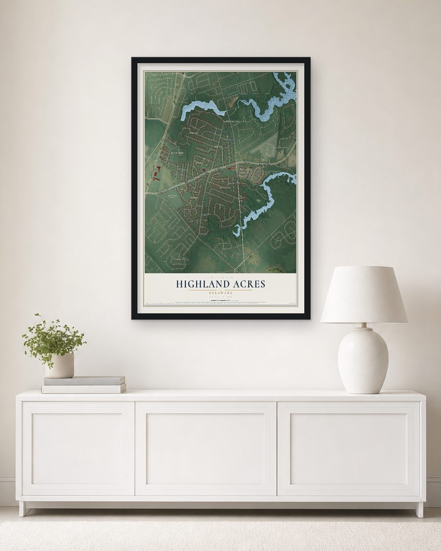 The Highland Acres, Delaware map, 24 x 36 in, in a black wood frame on a living room wall