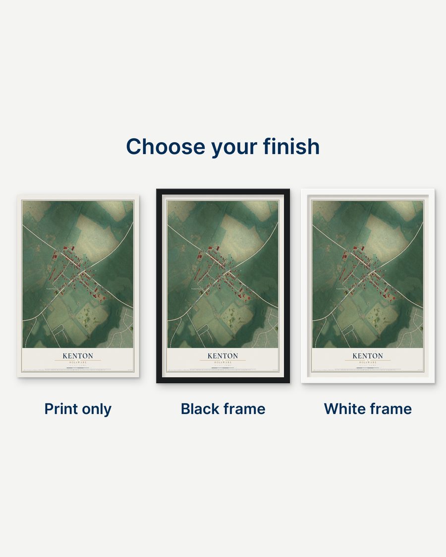 The Kenton, Delaware map as a print only, in a black frame and in a white frame