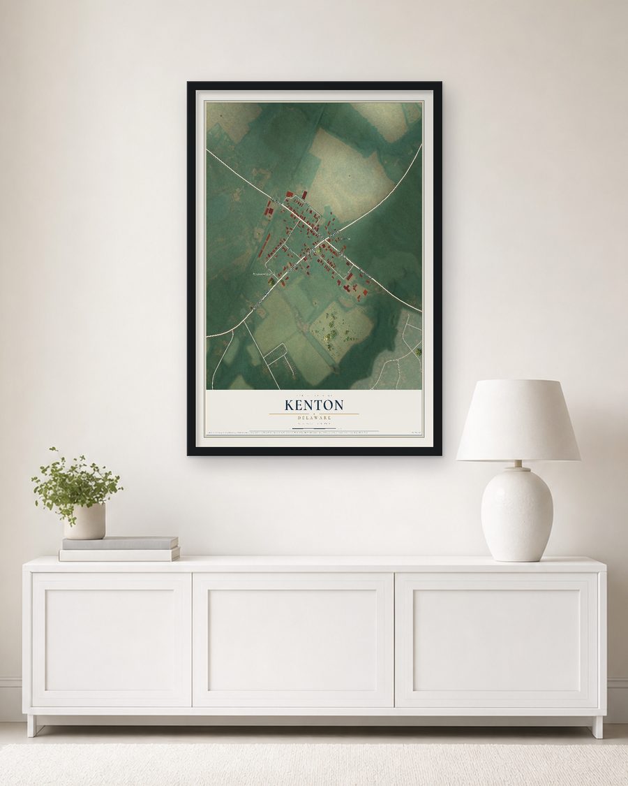 The Kenton, Delaware map, 24 x 36 in, in a black wood frame on a living room wall