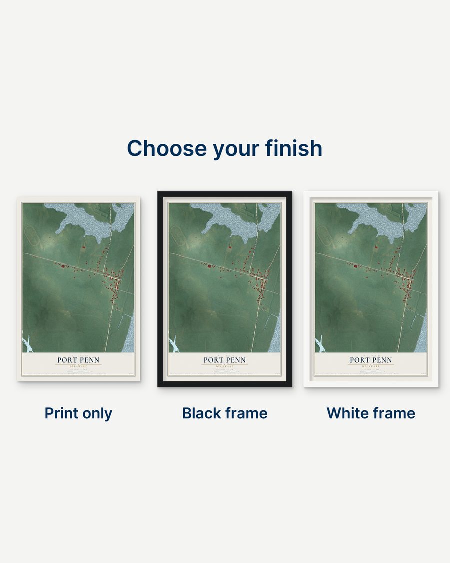 The Port Penn, Delaware map as a print only, in a black frame and in a white frame