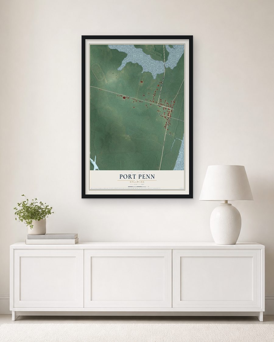The Port Penn, Delaware map, 24 x 36 in, in a black wood frame on a living room wall