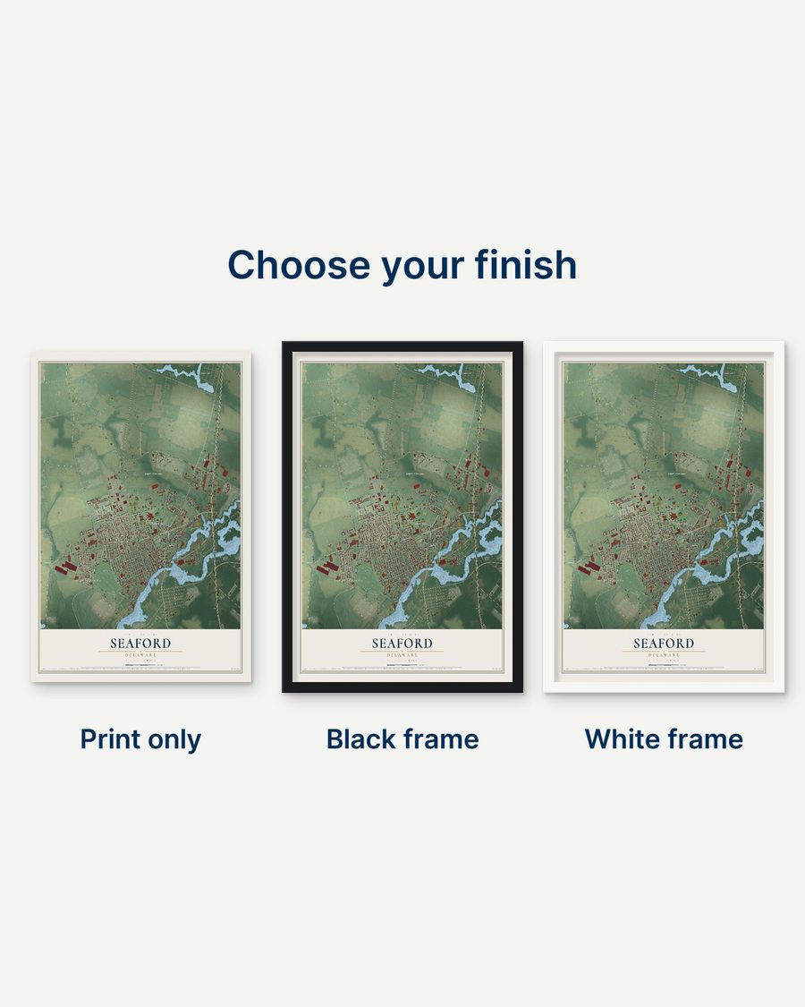 The Seaford, Delaware map as a print only, in a black frame and in a white frame