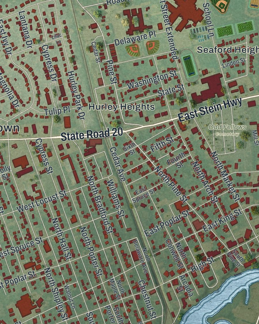 Close-up of Seaford streets on the map