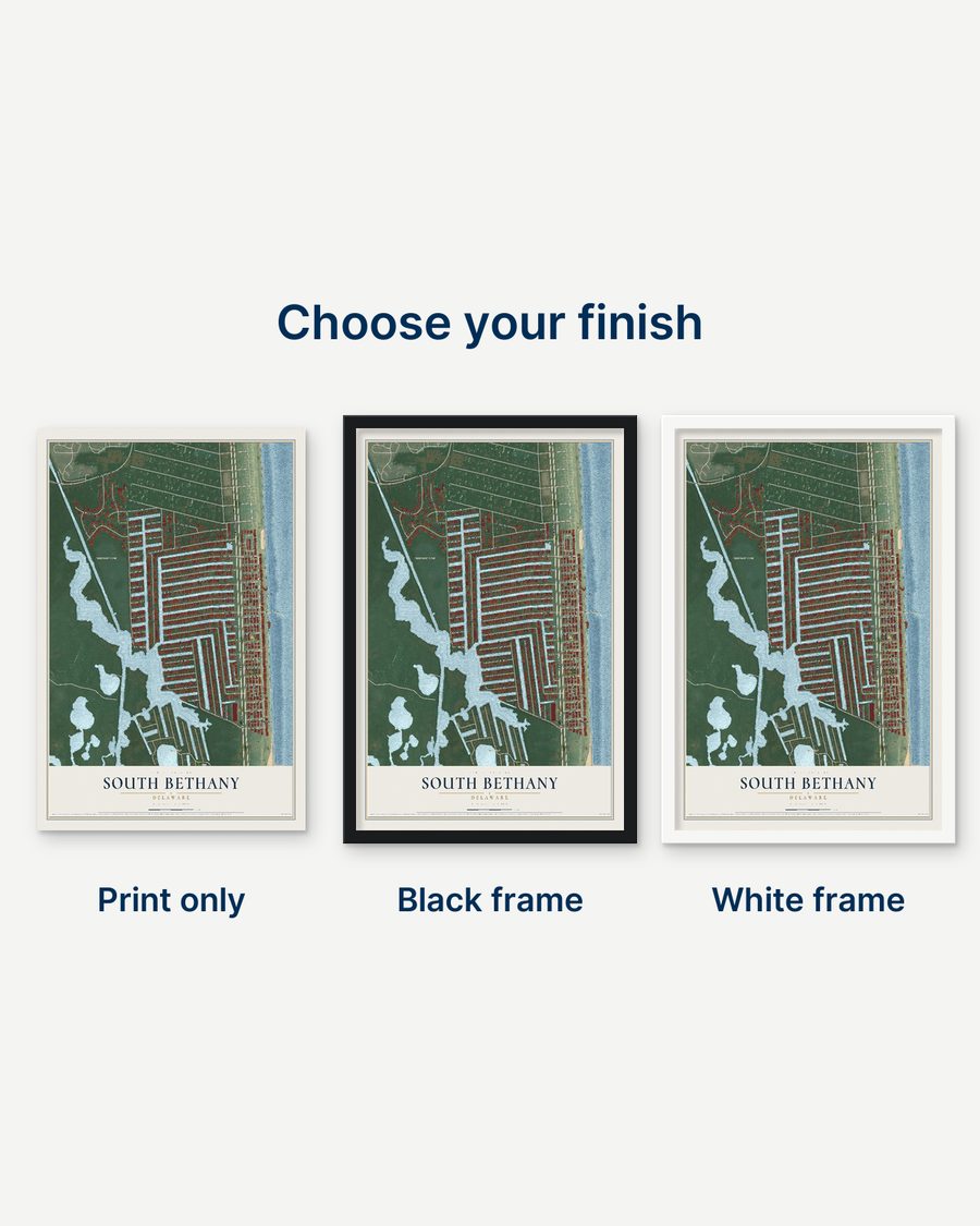 The South Bethany, Delaware map as a print only, in a black frame and in a white frame