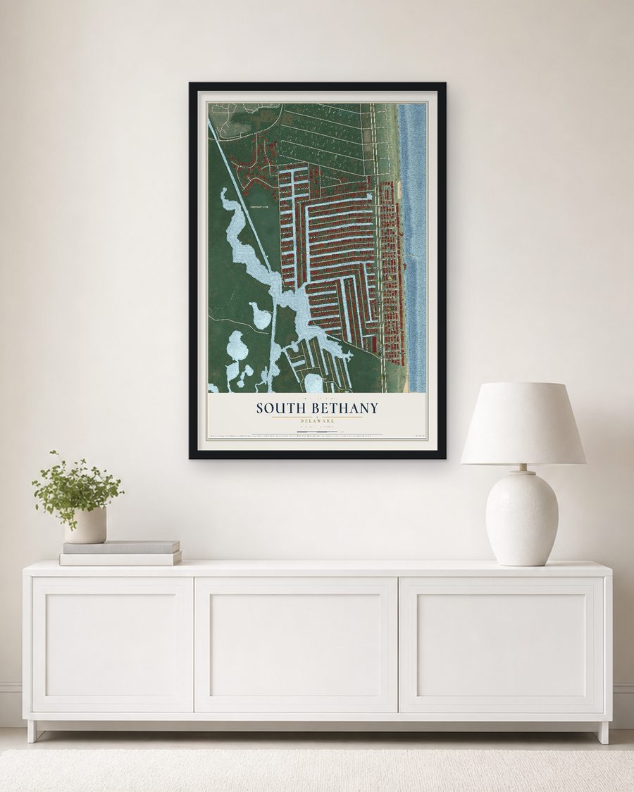 The South Bethany, Delaware map, 24 x 36 in, in a black wood frame on a living room wall