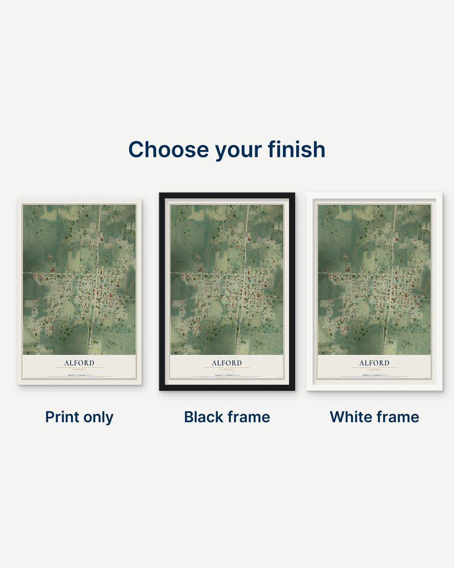 The Alford, Florida map as a print only, in a black frame and in a white frame