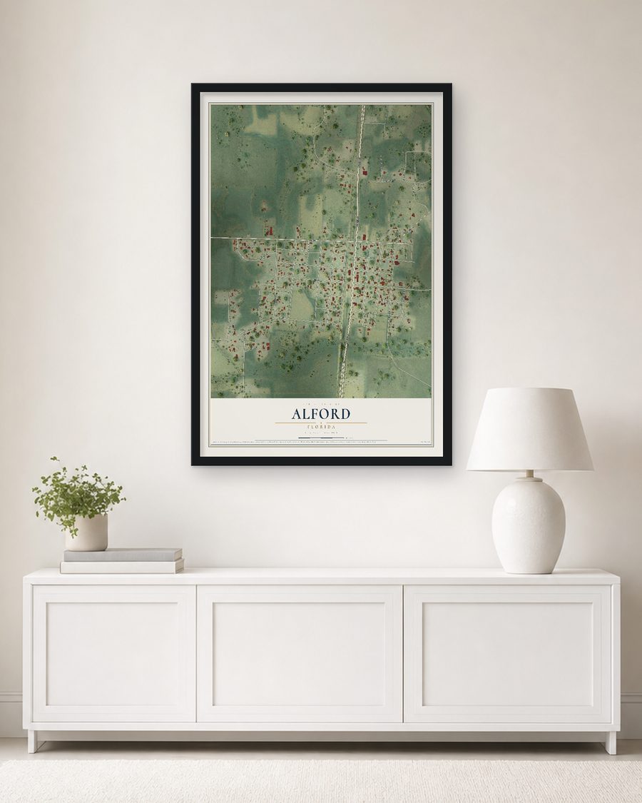 The Alford, Florida map, 24 x 36 in, in a black wood frame on a living room wall