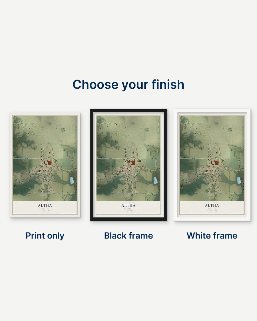The Altha, Florida map as a print only, in a black frame and in a white frame