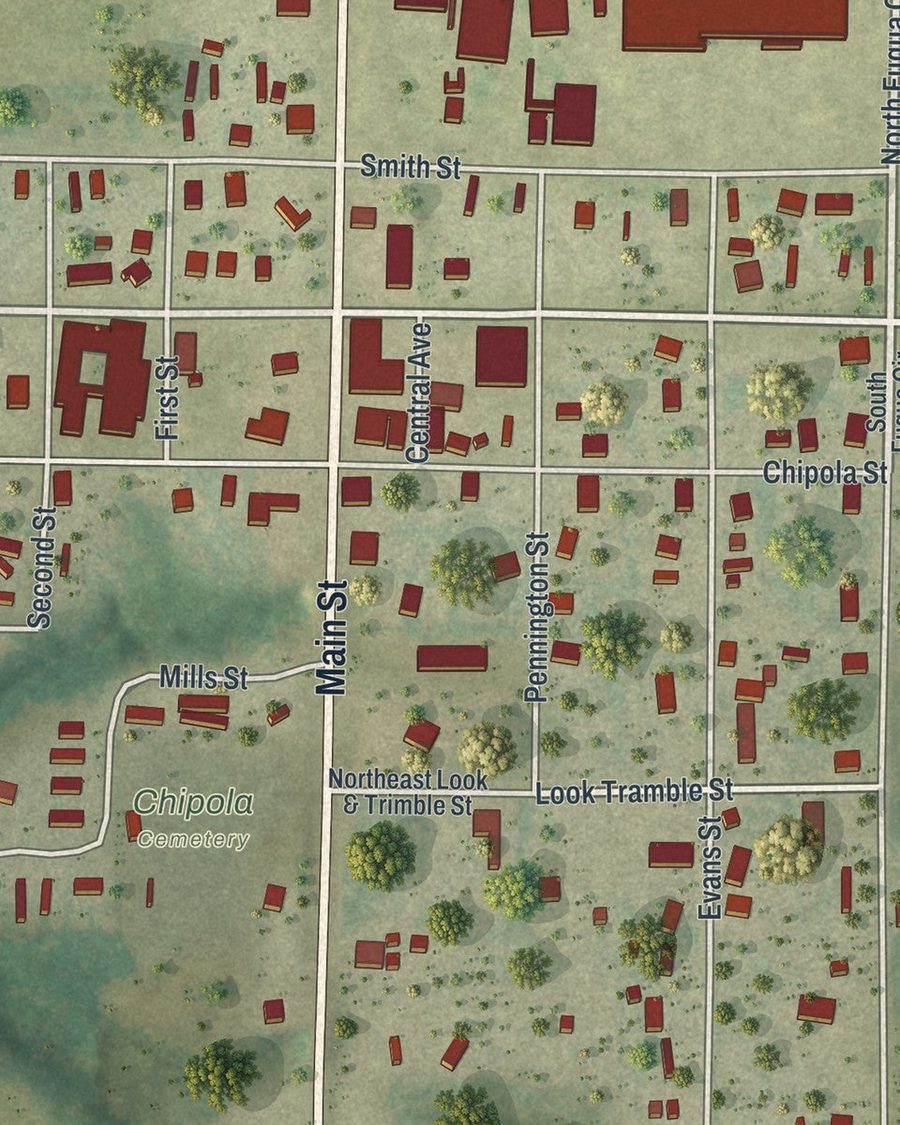 Close-up of Altha streets on the map