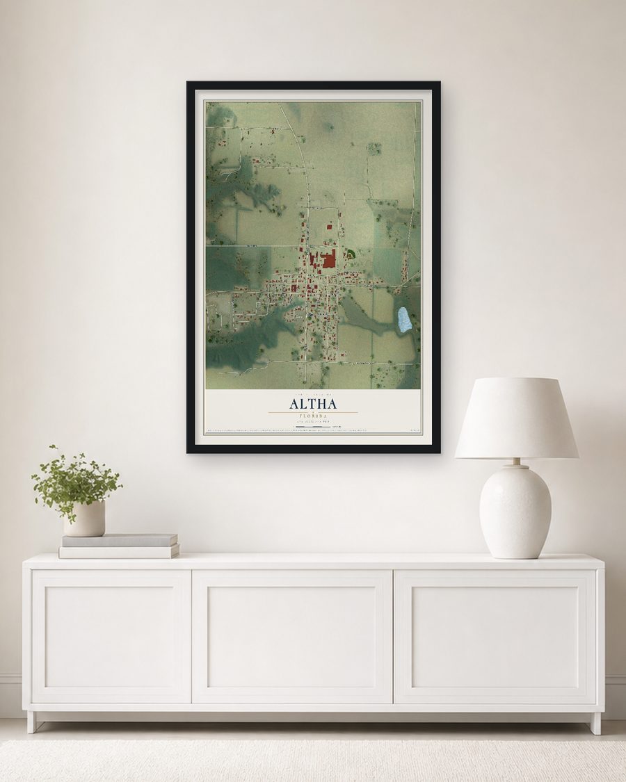 The Altha, Florida map, 24 x 36 in, in a black wood frame on a living room wall