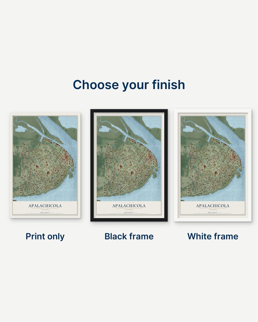 The Apalachicola, Florida map as a print only, in a black frame and in a white frame