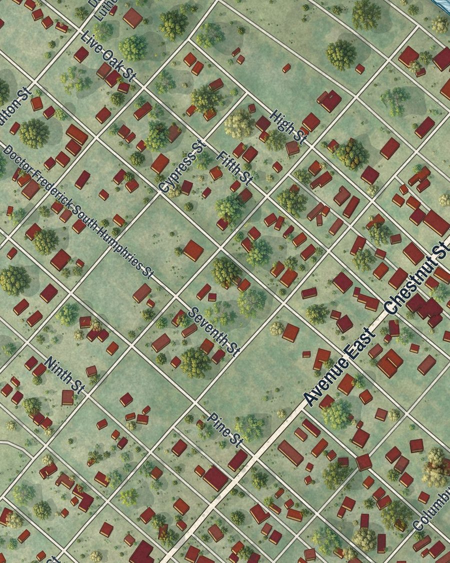 Close-up of Apalachicola streets on the map