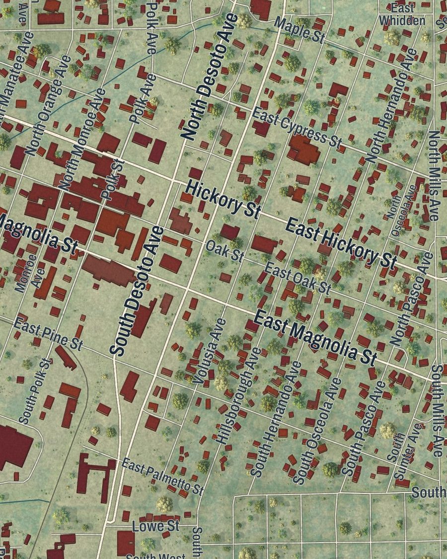Close-up of Arcadia streets on the map