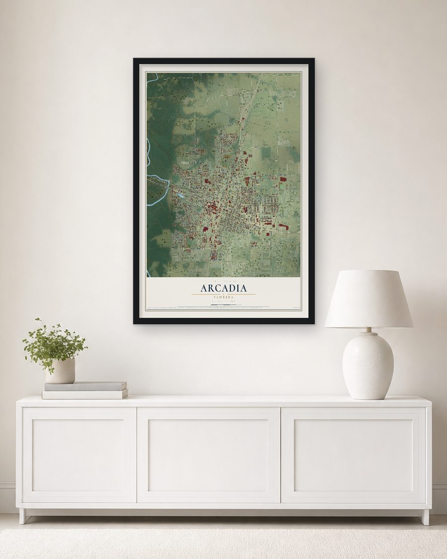 The Arcadia, Florida map, 24 x 36 in, in a black wood frame on a living room wall