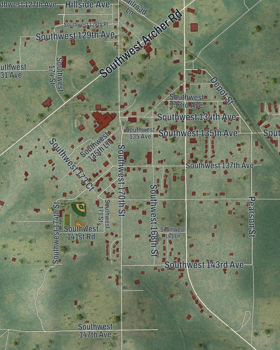 Close-up of Archer streets on the map