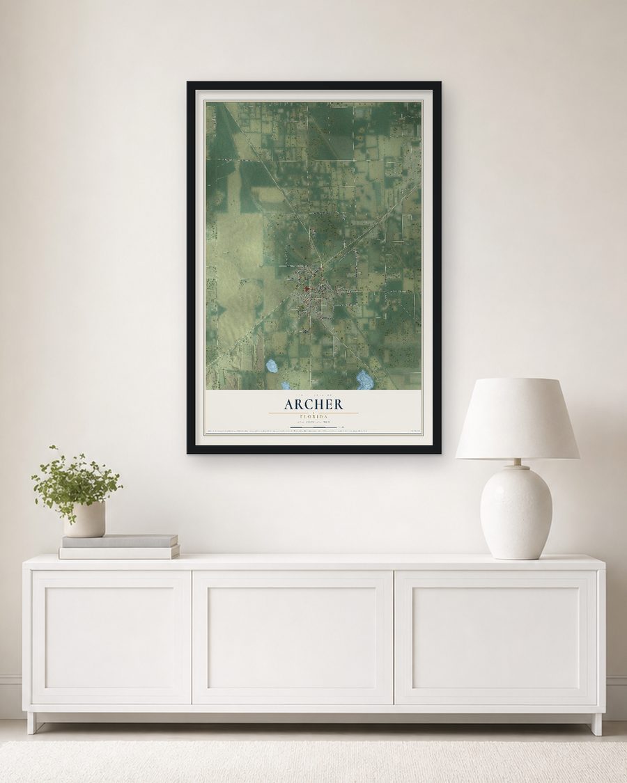 The Archer, Florida map, 24 x 36 in, in a black wood frame on a living room wall