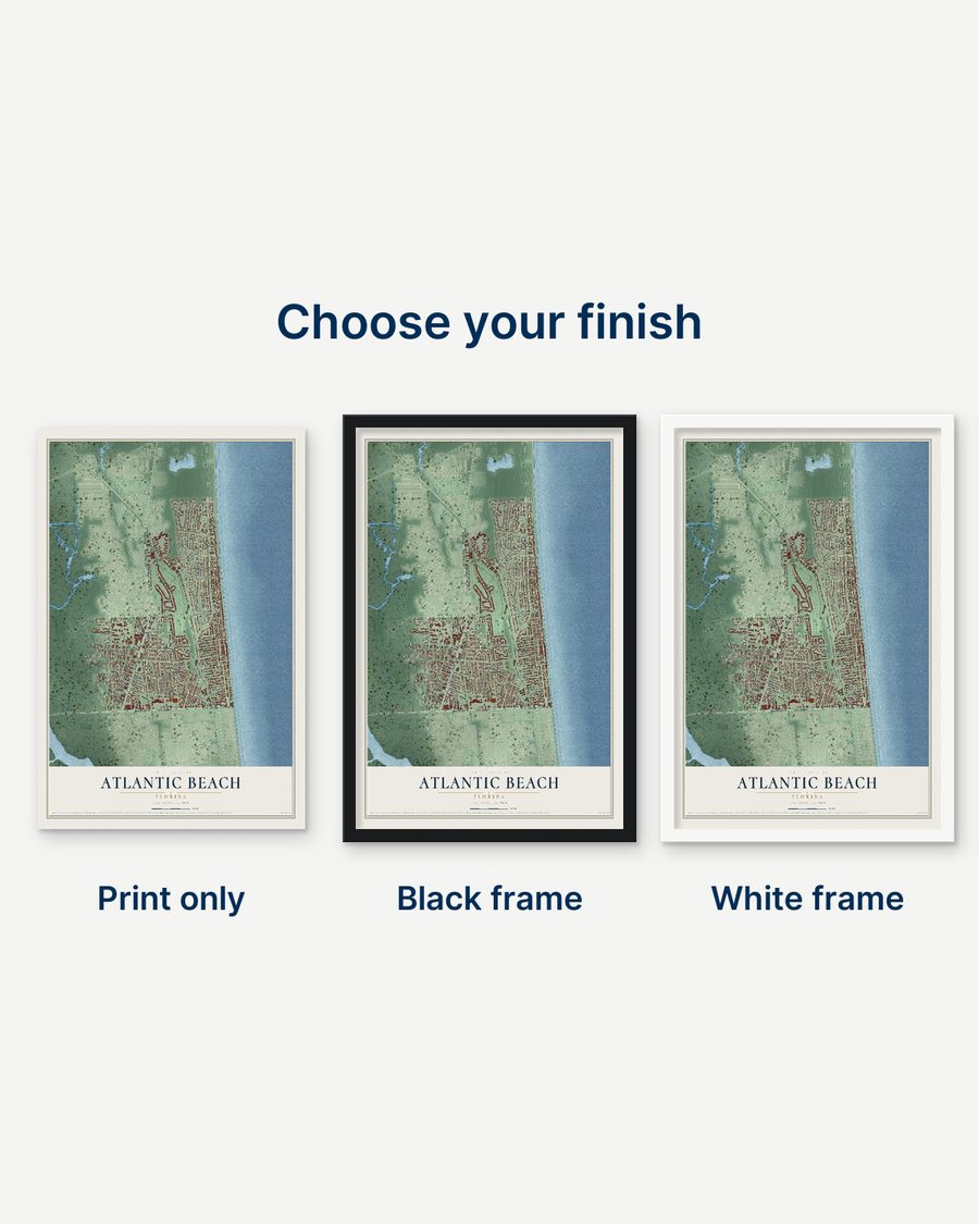 The Atlantic Beach, Florida map as a print only, in a black frame and in a white frame