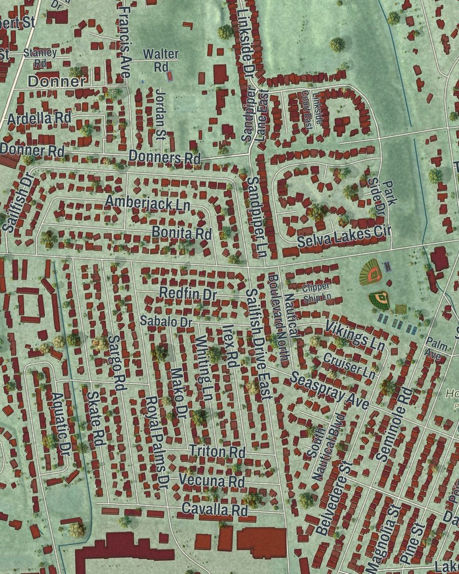 Close-up of Atlantic Beach streets on the map