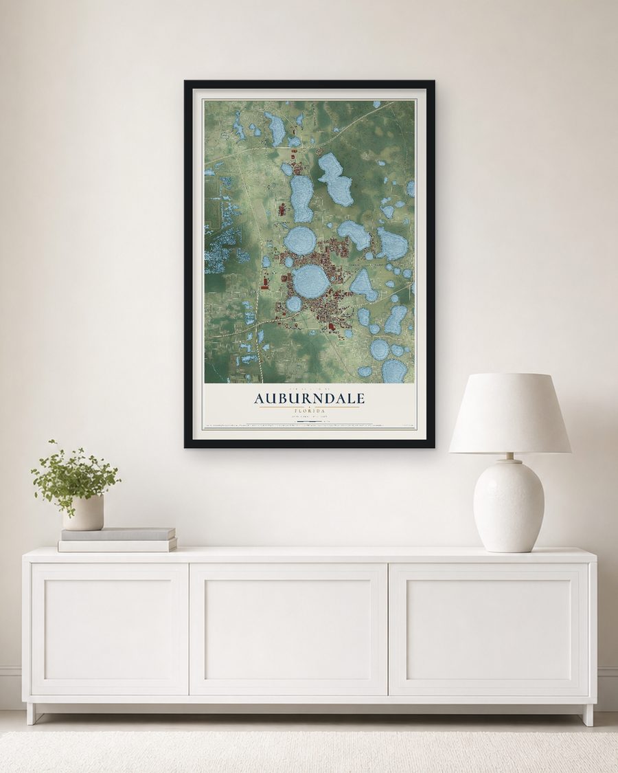 The Auburndale, Florida map, 24 x 36 in, in a black wood frame on a living room wall