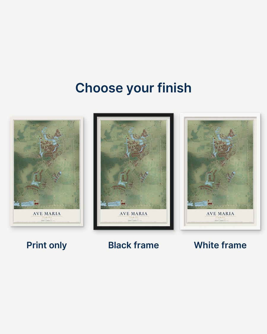 The Ave Maria, Florida map as a print only, in a black frame and in a white frame