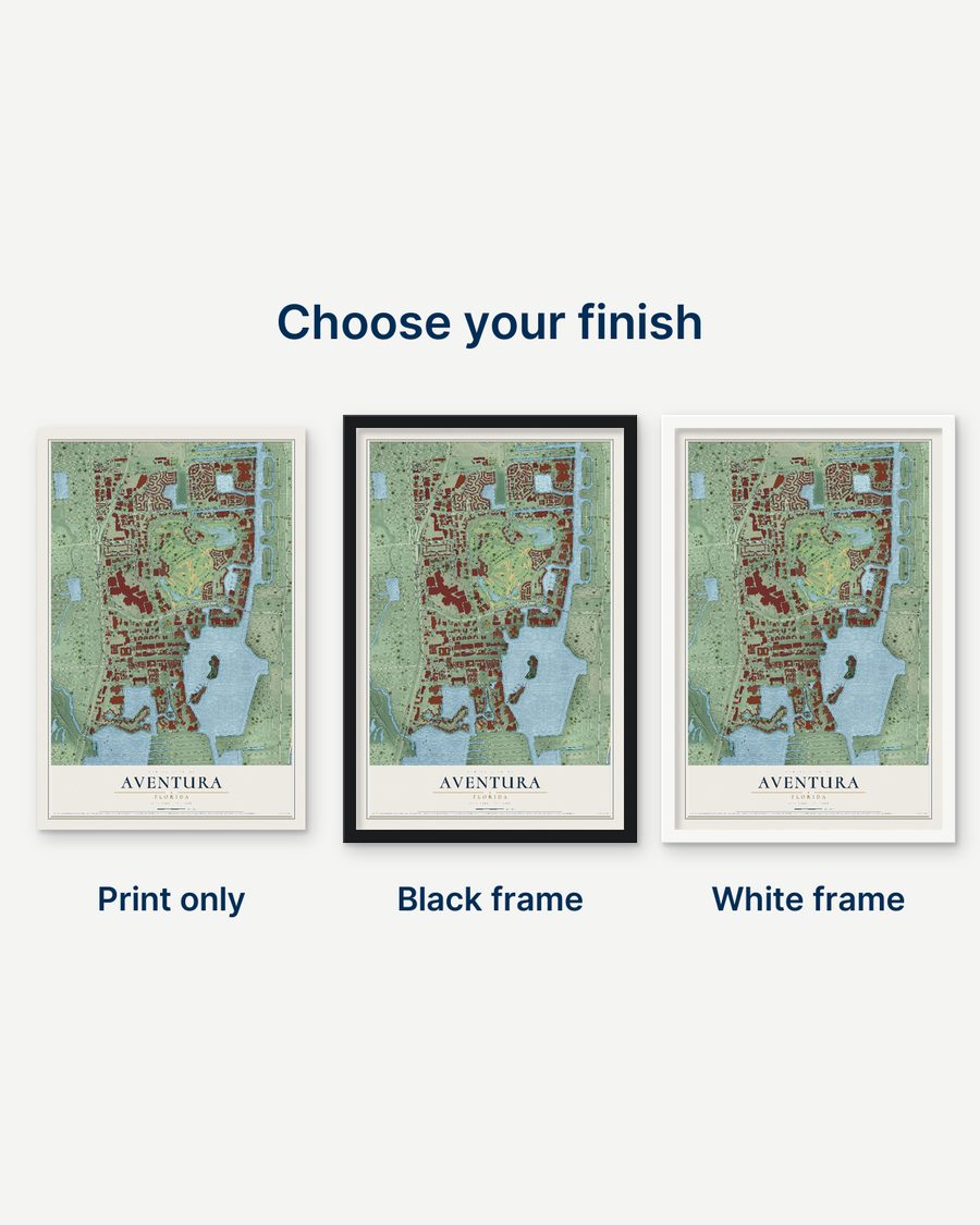 The Aventura, Florida map as a print only, in a black frame and in a white frame
