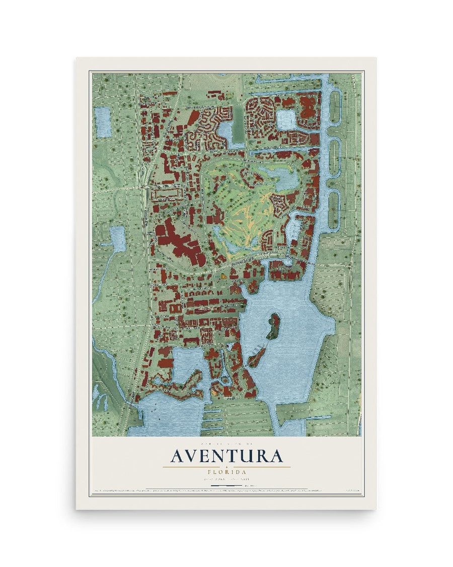 Aventura, Florida map print, 12 x 18 in, print only