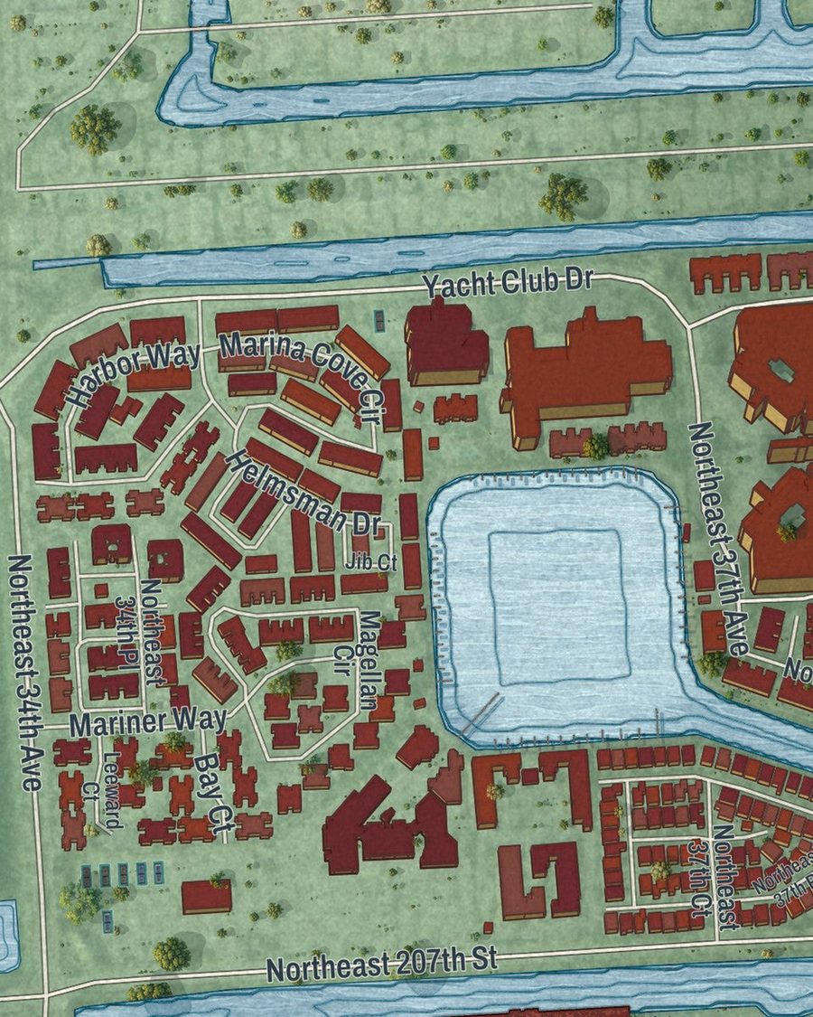 Close-up of Aventura streets on the map