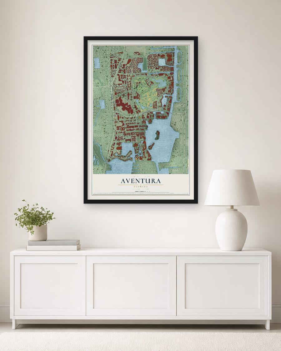 The Aventura, Florida map, 24 x 36 in, in a black wood frame on a living room wall