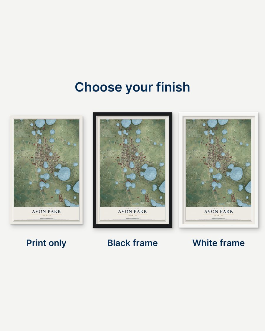 The Avon Park, Florida map as a print only, in a black frame and in a white frame