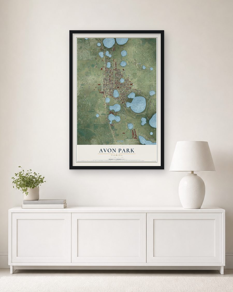 The Avon Park, Florida map, 24 x 36 in, in a black wood frame on a living room wall