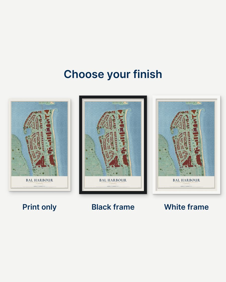 The Bal Harbour, Florida map as a print only, in a black frame and in a white frame