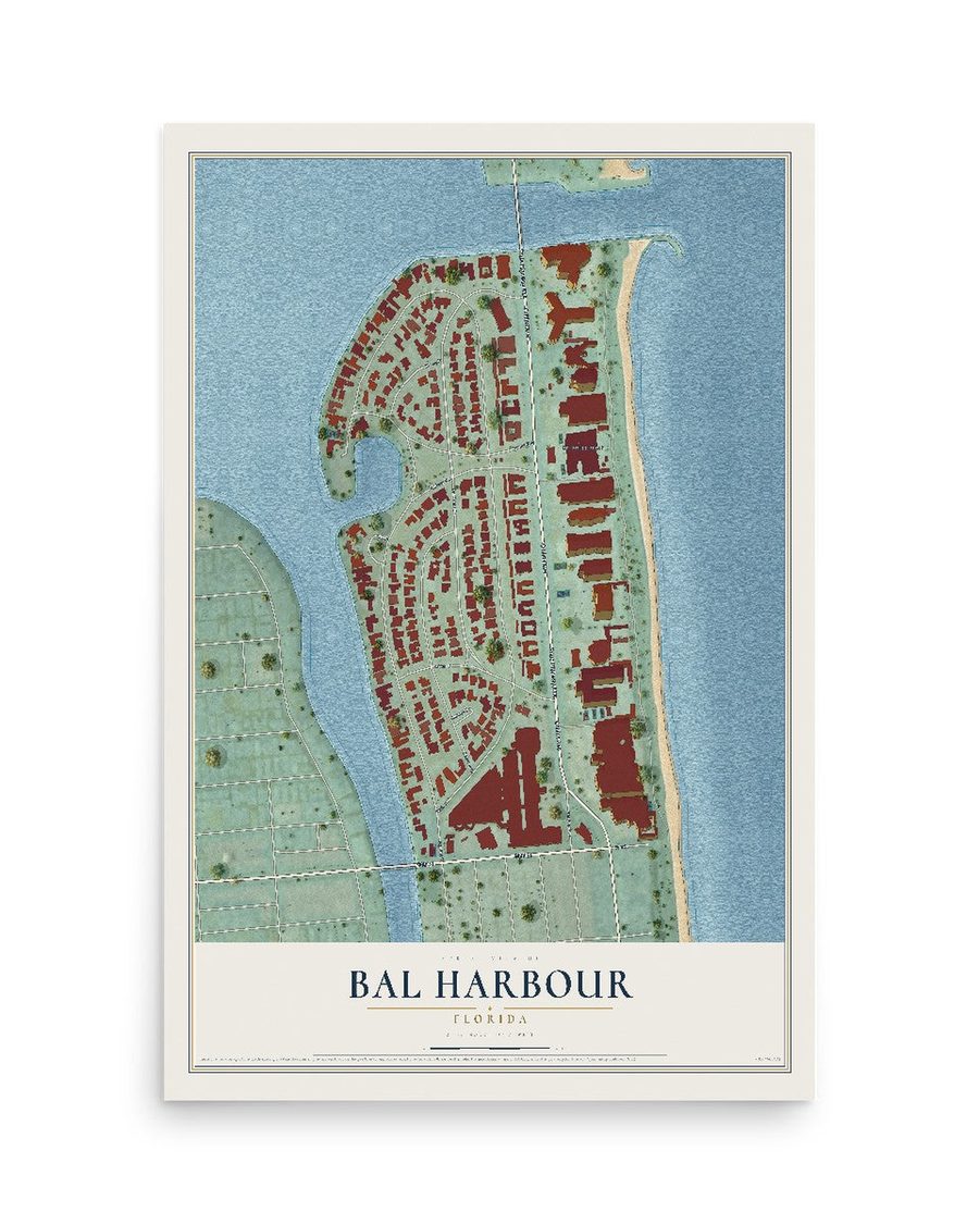 Bal Harbour, Florida map print, 12 x 18 in, print only