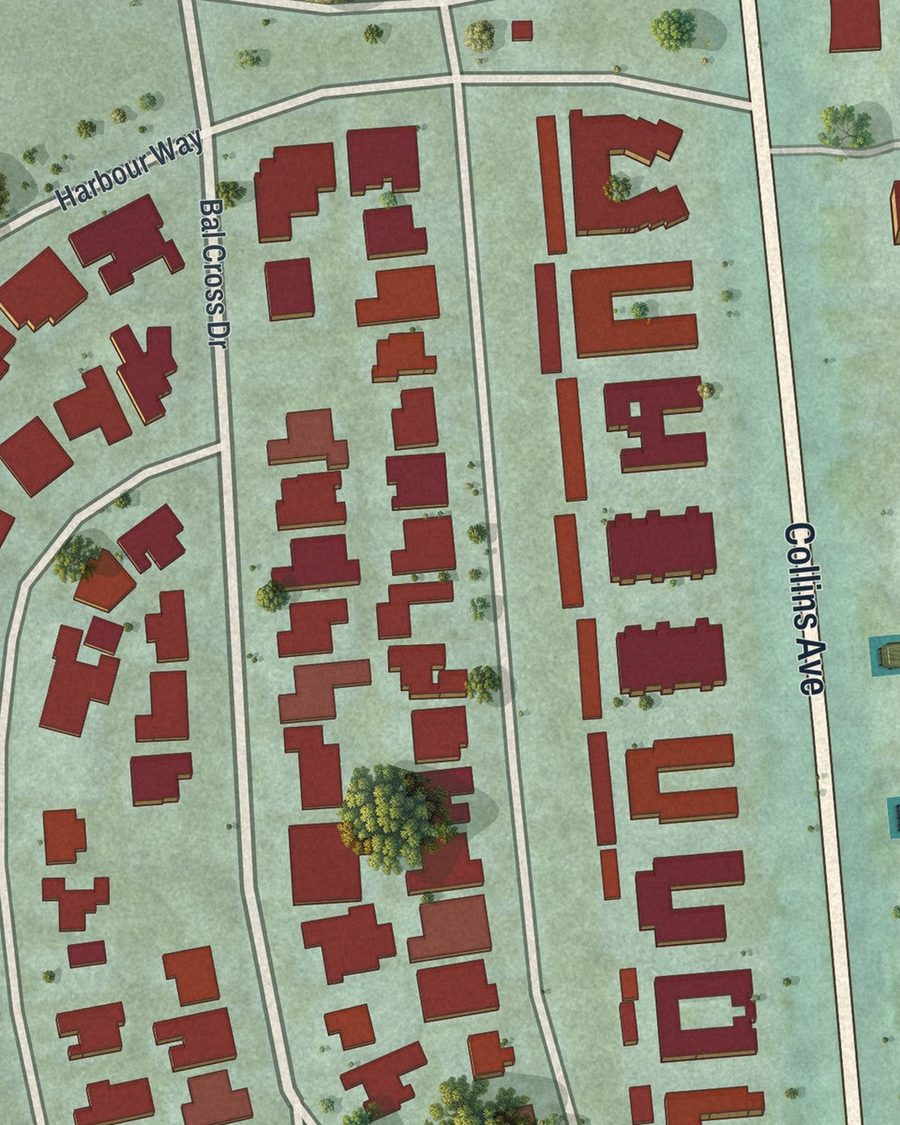 Close-up of Bal Harbour streets on the map
