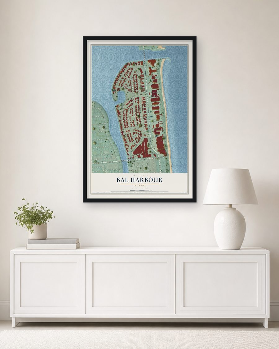 The Bal Harbour, Florida map, 24 x 36 in, in a black wood frame on a living room wall