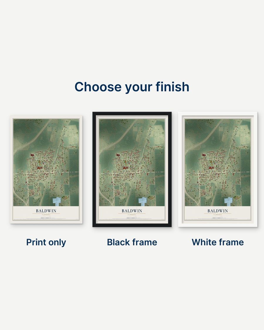 The Baldwin, Florida map as a print only, in a black frame and in a white frame