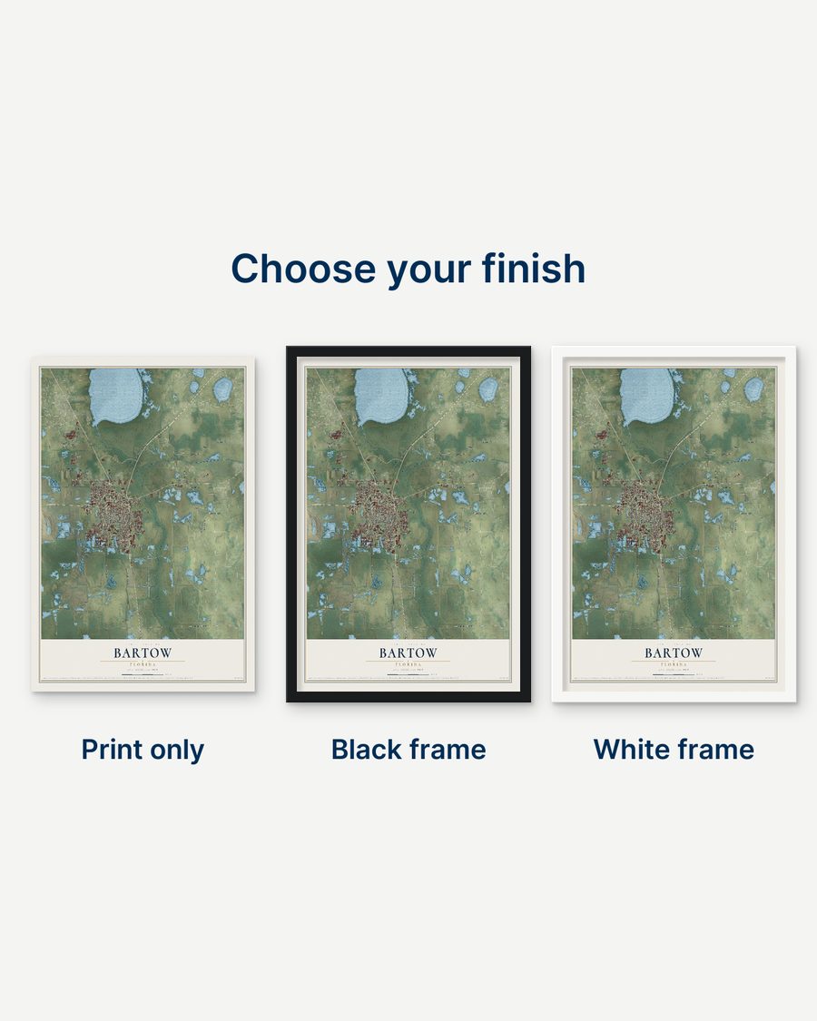 The Bartow, Florida map as a print only, in a black frame and in a white frame