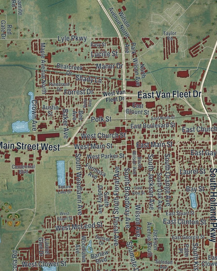 Close-up of Bartow streets on the map