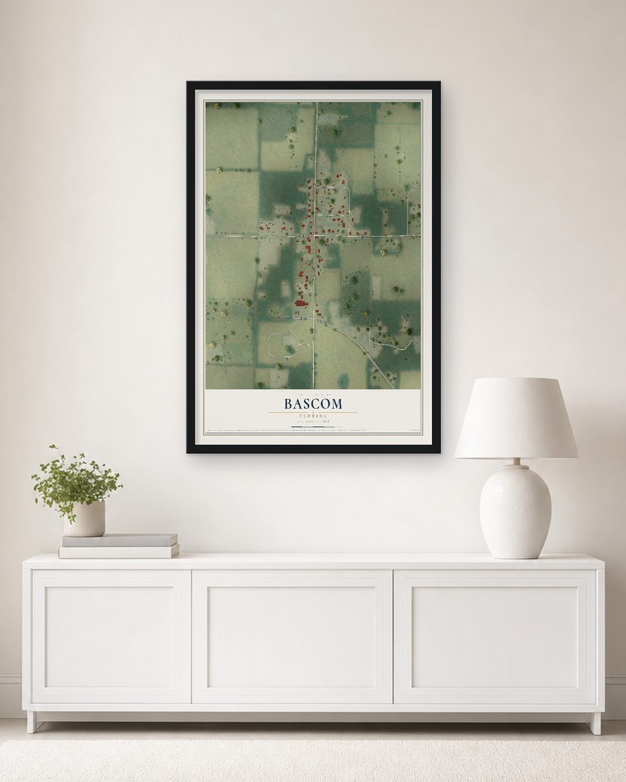 The Bascom, Florida map, 24 x 36 in, in a black wood frame on a living room wall