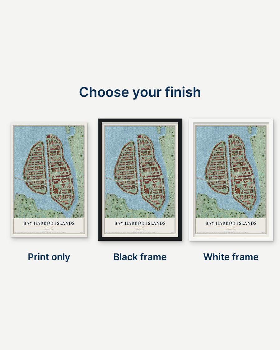 The Bay Harbor Islands, Florida map as a print only, in a black frame and in a white frame