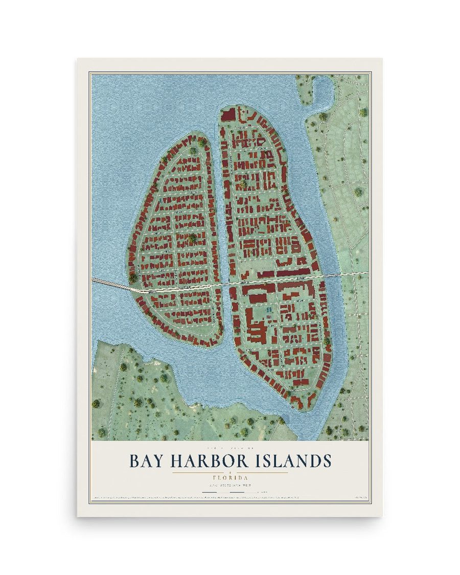 Bay Harbor Islands, Florida map print, 12 x 18 in, print only