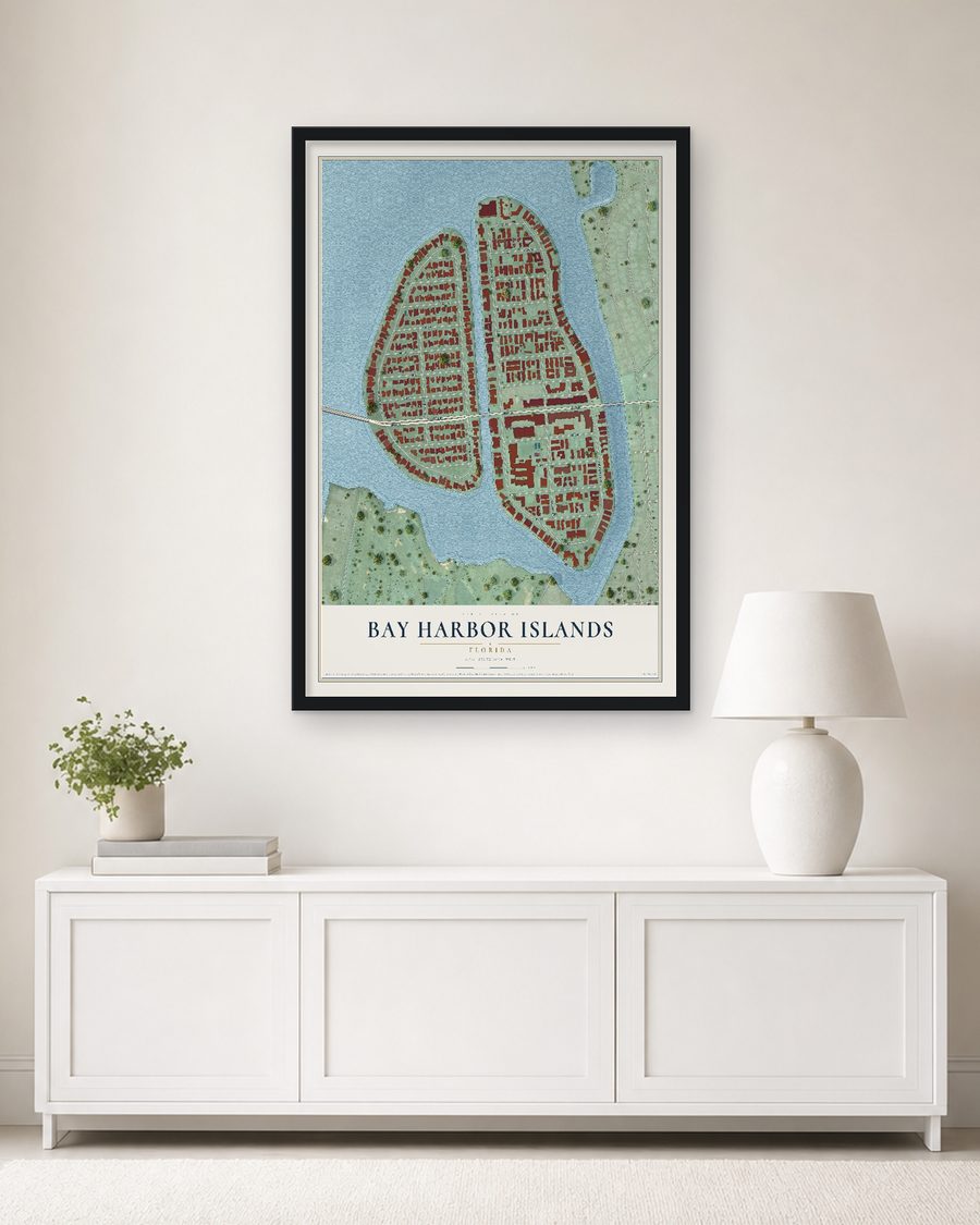 The Bay Harbor Islands, Florida map, 24 x 36 in, in a black wood frame on a living room wall