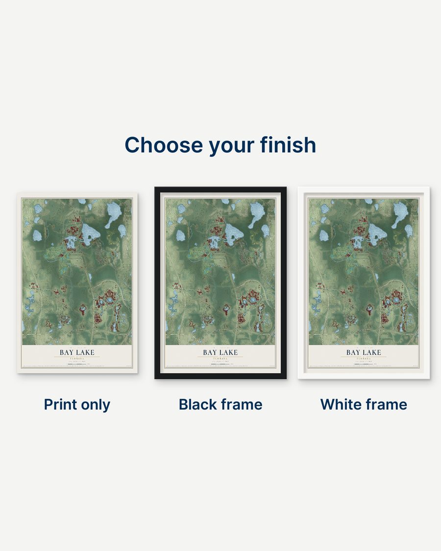 The Bay Lake, Florida map as a print only, in a black frame and in a white frame