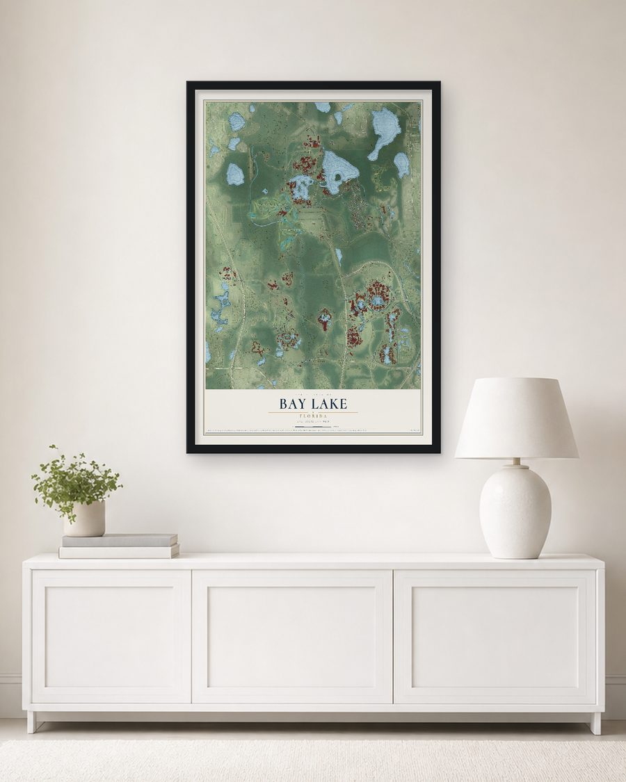 The Bay Lake, Florida map, 24 x 36 in, in a black wood frame on a living room wall